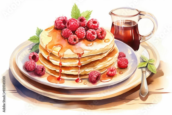 Fototapeta Delicious pancakes topped with fresh raspberries and syrup, perfect for breakfast or brunch on a beautiful plate.