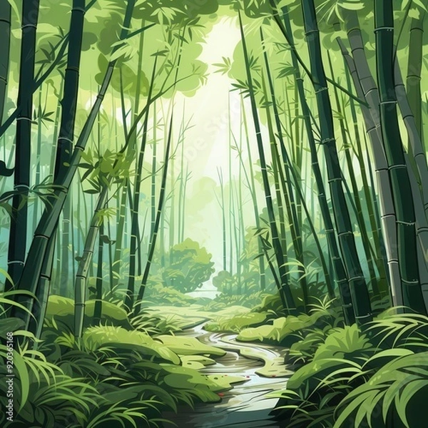 Fototapeta Bamboo grove flat design, top view, serene theme, cartoon drawing, Triadic Color Scheme, isolate, white background.