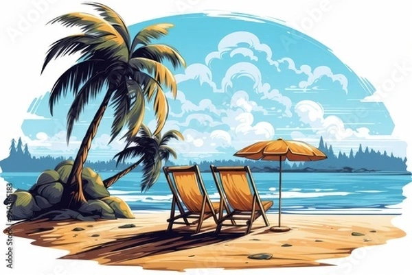 Fototapeta Relaxing beach scene featuring tropical coconut trees, sun loungers, and a vibrant sky, perfect for summer vibes and getaway imagery.