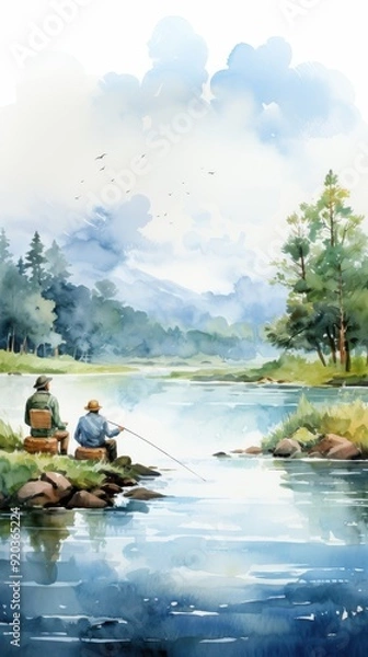 Fototapeta Two anglers fish peacefully by a serene lake, surrounded by lush nature and tranquil waters under a cloudy sky.