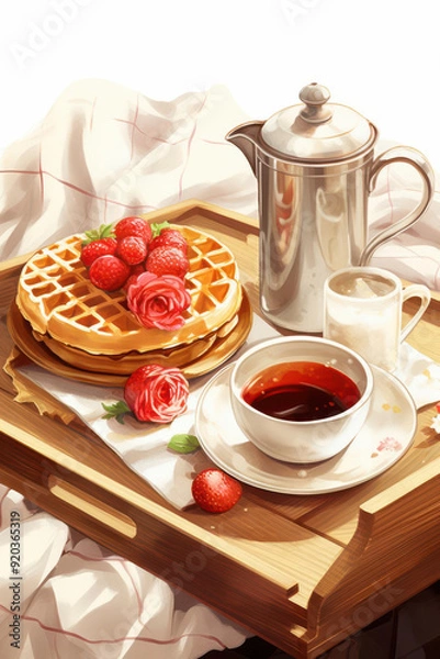 Fototapeta A cozy breakfast scene featuring waffles topped with strawberries and roses, accompanied by coffee and a silver teapot.