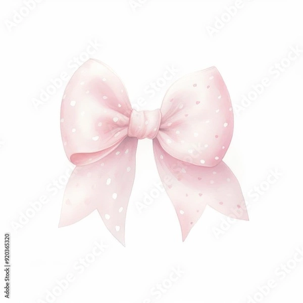 Fototapeta A watercolor painting of a pink bow with white polka dots. The bow is tied in a knot in the center and has two long tails. The bow is on a white background.