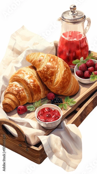 Fototapeta A delicious breakfast spread with croissants, fruit, and a refreshing drink on a wooden tray.