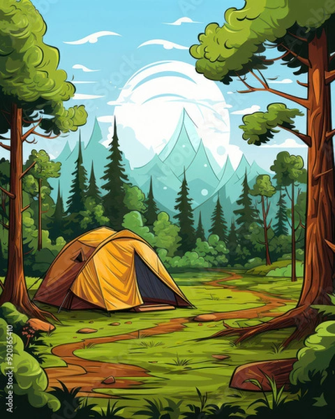 Fototapeta A serene camping scene featuring a yellow tent nestled among lush trees and majestic mountains under a bright blue sky.