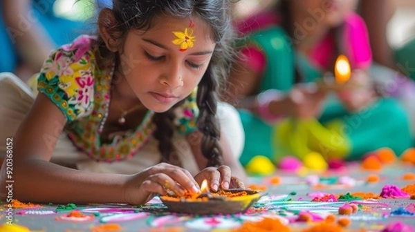 Fototapeta A young girl lights a traditional lamp during a festive celebration, surrounded by vibrant colors and decorations.