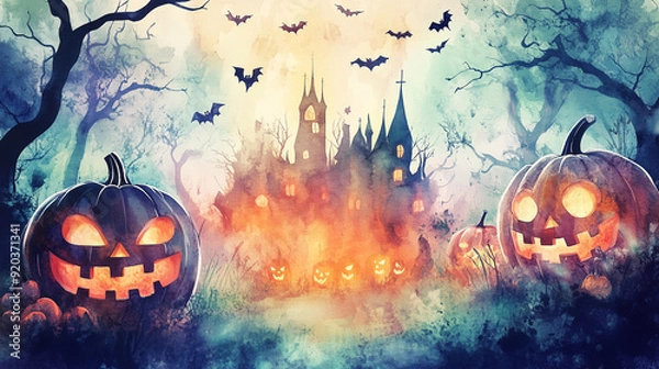 Obraz おどろおどろしいジャックオーランタンと魔法の城 - ハロウィンの幻想的な夜の風景