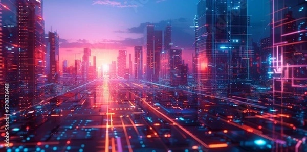 Fototapeta A futuristic abstract cityscape features neon lights and digital grid aesthetics, creating a vibrant and high-tech urban environment.