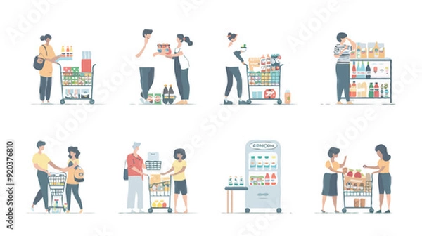 Fototapeta Set of different customers in a grocery store. People make purchases of food and drinks Vector flat illustrations on a white background