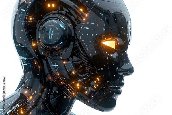 Fototapeta Futuristic Cybernetic Head with Glowing Features and Intricate Circuitry