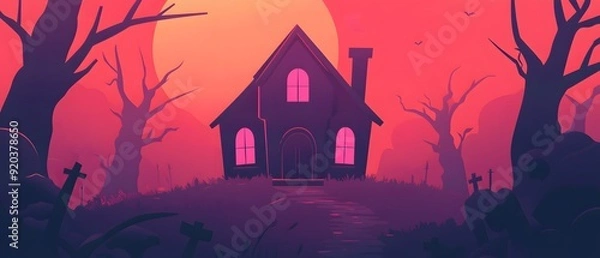 Fototapeta A spooky silhouette of a house in a forest at dusk.