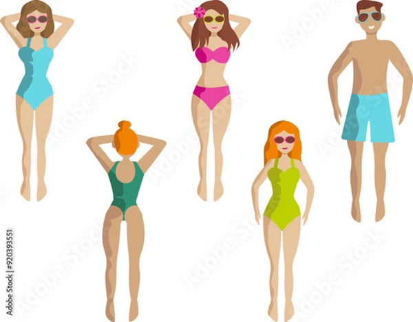 Obraz Summer vacation characters set with young women and man dressed in the swimsuits vector