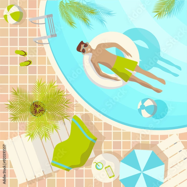 Obraz Summer vacation square illustration with a guy in a swimming pool dressed in a swimsuit and sunglasses
