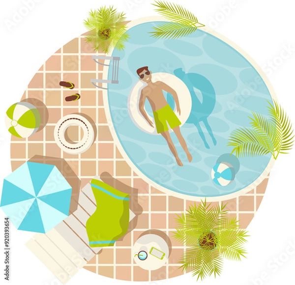 Obraz Summer vacation round illustration with a guy in a swimming pool dressed in a swimsuit and sunglasses
