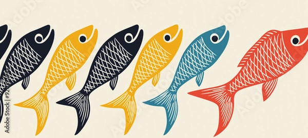 Fototapeta A colorful illustration of a set of fish swimming in a white background
