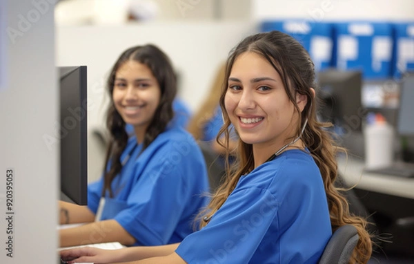 Fototapeta Two smiling nurses in blue scrubs working on computers in an office cubicle environment