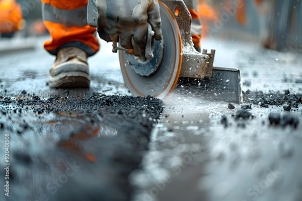 Fototapeta Worker Cutting Asphalt with a Power Tool on a Construction Site