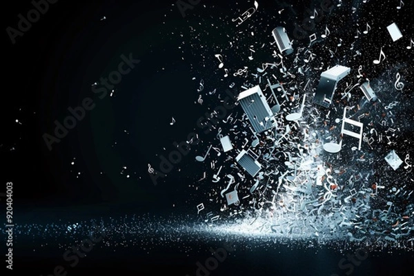Fototapeta A dynamic 3D explosion of musical symbols on a dark background, leaving ample copy space for impactful text or logos.