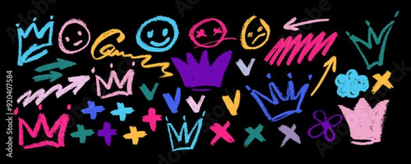 Fototapeta Collection of hand drawn colorful charcoal doodle shapes and squiggles in childish girly style. Various curved arrows, swirls, circles, check marks, mathematical signs, crown, smile, emotion,  doodle 