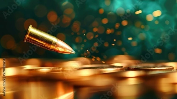 Fototapeta Bullet Passing Through a Pile of Coins. An image of a bullet passing through a pile of coins, showcasing the bullet's trajectory and the displacement of the coins.