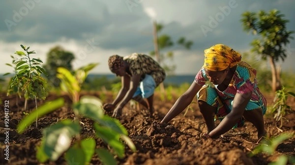 Fototapeta Two Black African woman farmers planting trees to combat climate change and global warming in Africa.