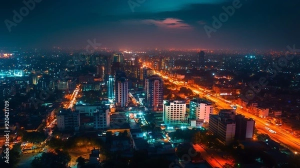 Fototapeta An aerial view of Gurugram downtown at night, highlighting the illuminated buildings and vibrant cityscape in the Haryana district of India.