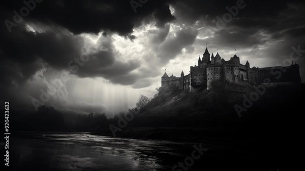 Fototapeta Castle in a mountain valley at night with a medieval horror atmosphere. Neural network ai generated art