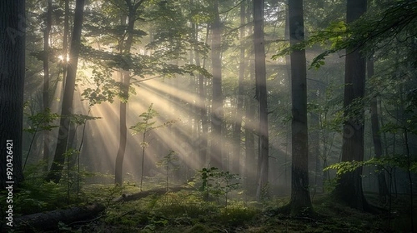 Obraz Sunbeams piercing through misty forest Ethereal light rays filtering through trees Foggy woodland scene Atmospheric nature landscape Dreamy forest ambiance
