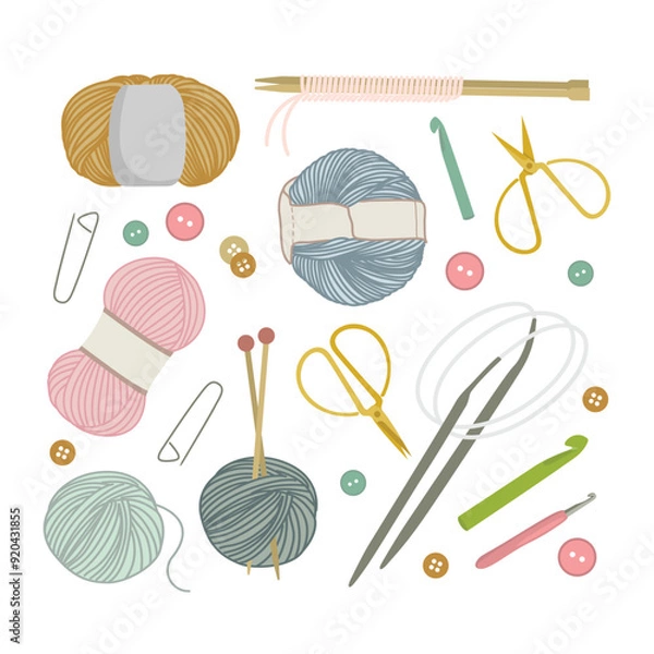 Fototapeta A set of various crochet and knitting tools. Color vector flat illustration isolated on white background. Knitting scissors, pins, crochet hooks, knitting needles, and skeins of thread.