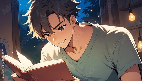 Fototapeta Happy Boy Reading a Book in Japanese Anime or Manga Style - Teenager Enjoying a Novel with Lights and Shadows, Handsome Guy.