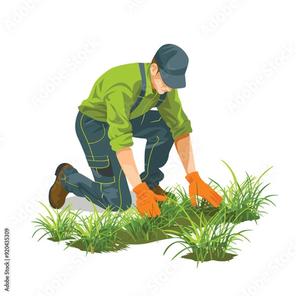 Fototapeta Flat design illustration of a worker planting grass in a garden setting.

