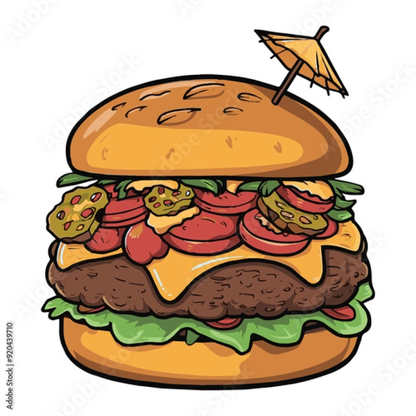Fototapeta Cartoon old school style meat beef burger in high resolution in cartoon style. vector illustration