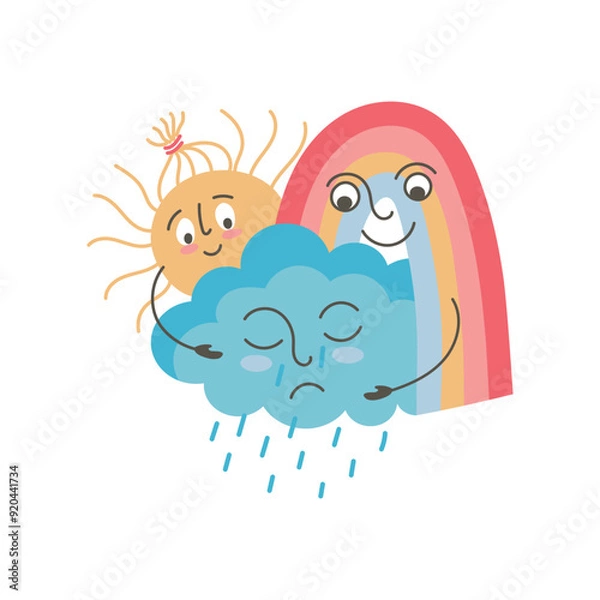 Fototapeta Cute Sun, Cloud and Rainbow characters in cartoon style isolated on white. The Sun and Rainbow hug a sad Cloud. The Cloud is crying with rain. Vector illustration for children in flat style.