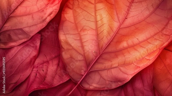 Fototapeta A close up of a leaf with a red background