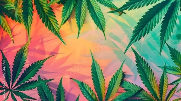 Obraz Marijuana leaves on a colorful background, close up top view on cannabis leaves and branches on colorful background for alternative medical and marketing design concept