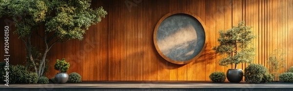 Fototapeta Stylish Wooden Wall Hosting Circular Signboard