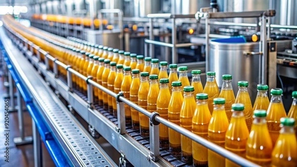 Fototapeta Beverage manufacturing process on a conveyor belt at a factory, factory, production line, manufacturing