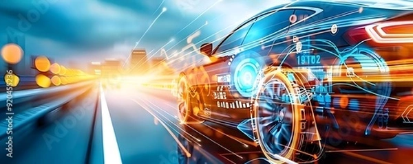 Fototapeta Futuristic Car Speeding on a Highway.