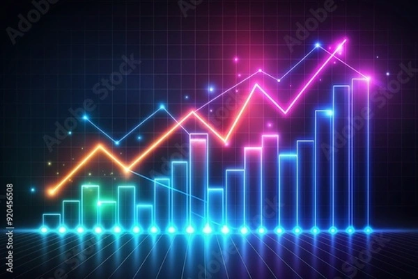 Obraz Animated glowing neon line graph rises swiftly, illustrating remarkable growth, profit, and stats in a futuristic infographic report, set against a dark background with subtle motion blur.