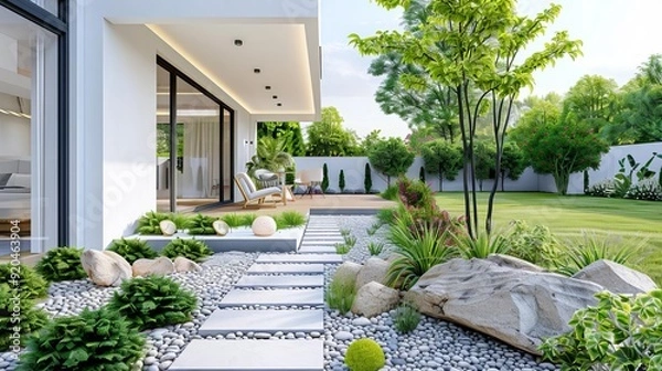 Obraz Modern backyard with sustainable elements like recycled materials and native plants, Modern sustainable landscape design, Eco-friendly outdoor space