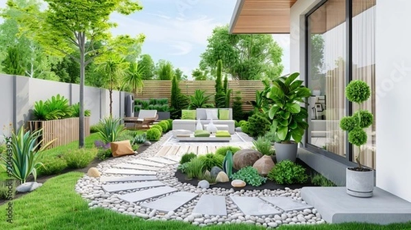 Obraz Modern backyard with sustainable elements like recycled materials and native plants, Modern sustainable landscape design, Eco-friendly outdoor space