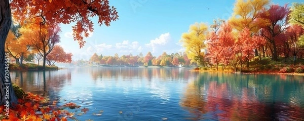 Fototapeta Lake with colorful autumn foliage, peaceful and vibrant