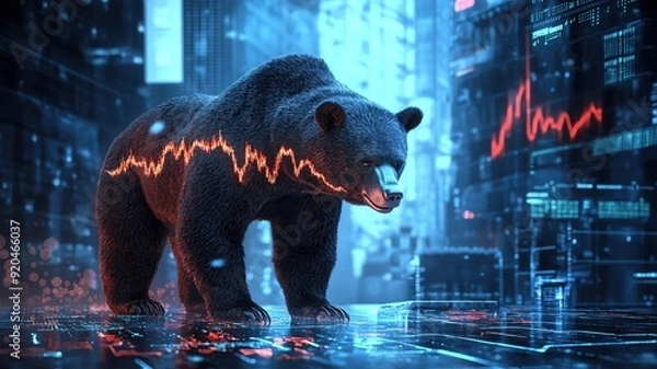 Fototapeta Bearish investment strategy symbolized by a resilient bear, navigating market challenges in a dynamic digital illustration