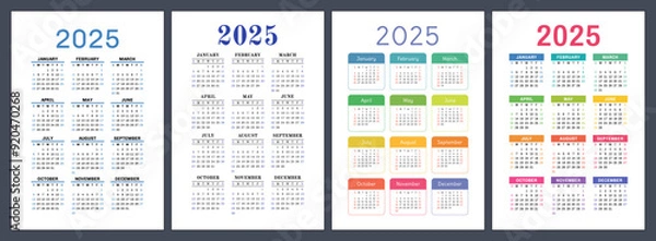Obraz 2025 calendar set. Vector pocket calender design. Week starts on Sunday. January, February, March, April, May, June, July, August, September, October, November, December