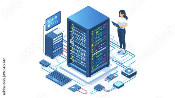 Fototapeta server rack with blinking lights and cables vector