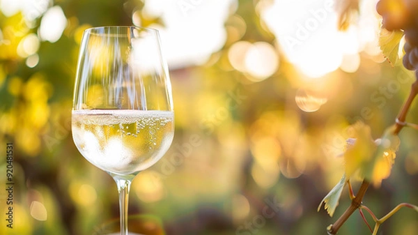 Fototapeta a glass of wine on the background of a vineyard, a blurred background of a ripe vine, a blurred backdrop