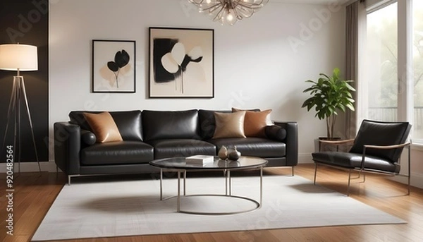 Fototapeta 3D rendering of a luxury and modern living room featuring a high-end leather sofa and a stylish lamp.