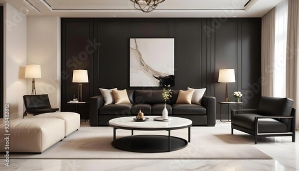 Fototapeta 3D rendering of a luxury and modern living room featuring a high-end leather sofa and a stylish lamp.