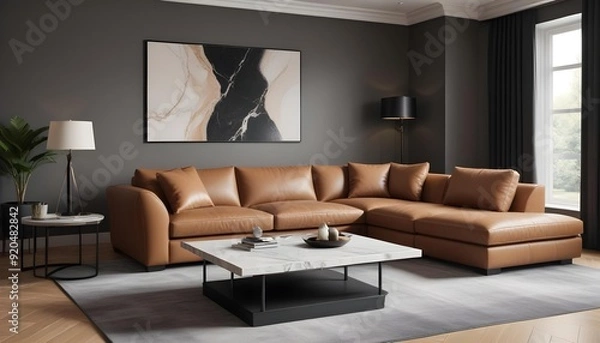 Fototapeta 3D rendering of a luxury and modern living room featuring a high-end leather sofa and a stylish lamp.