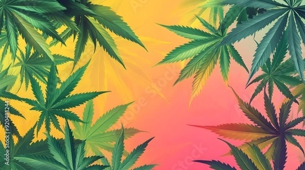 Obraz Marijuana leaves on a colorful background, close up top view on cannabis leaves and branches on colorful background for alternative medical and marketing design concept