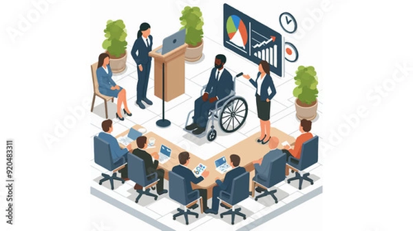 Fototapeta isometric flat vector of a disabled black person on a wheelchair doing a presentation during a business meeting illustration
